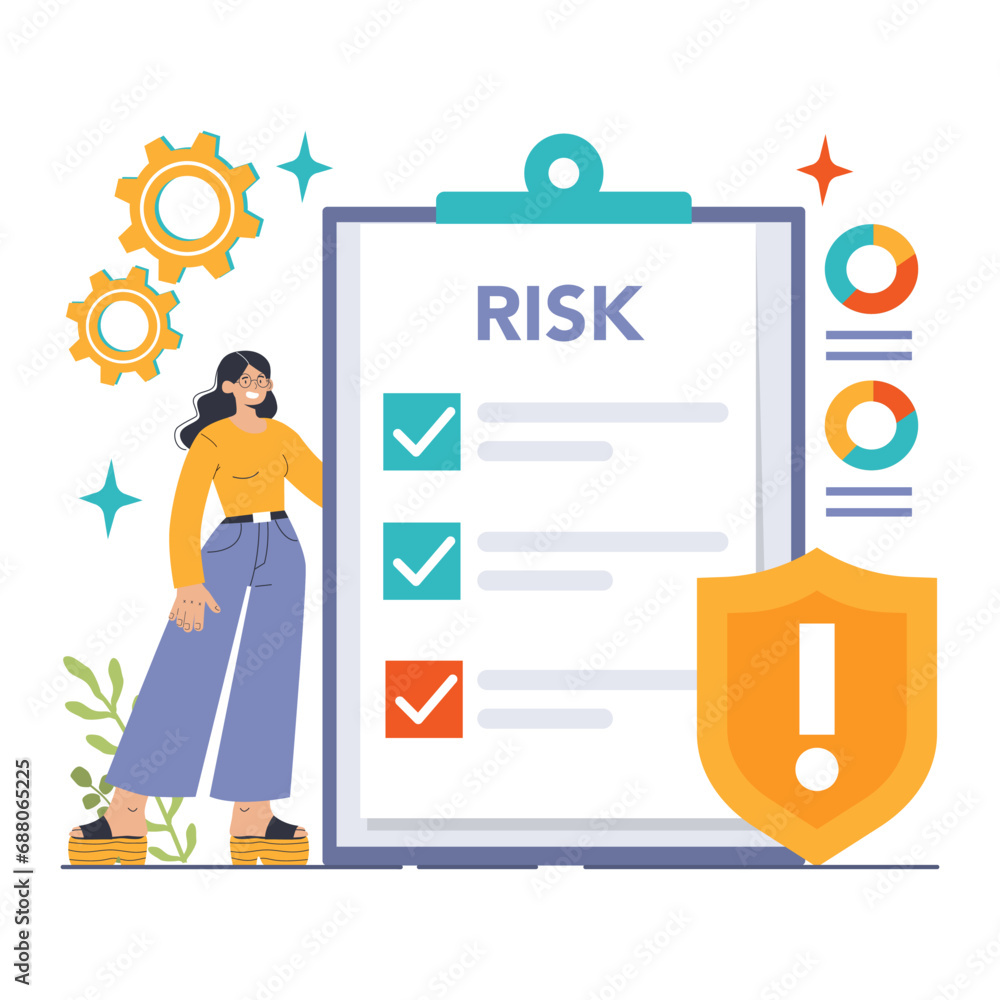 Poster Proactive Risk Management concept. Professional analyzing and checking risks on a clipboard with a protective shield. Flat vector illustration.