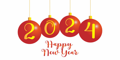 Happy New Year 2024. Red Christmas balls on white background
