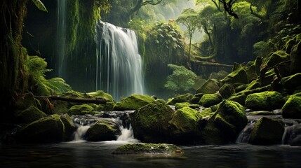 A graceful waterfall cascading down moss-covered rocks, surrounded by verdant greenery that fades into a soft blur in the distance