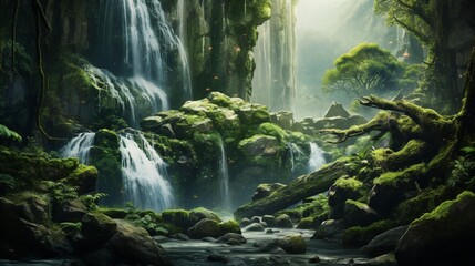 A graceful waterfall cascading down moss-covered rocks, surrounded by verdant greenery that fades into a soft blur in the distance
