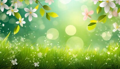 Fototapeta na wymiar Colourful spring themed background with flowers, grass and easter eggs
