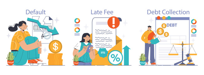 Financial Challenges set. Stages of loan default, accruing late fee and debt collection depicted with concerned characters. Money concerns. Debt management. Flat vector illustration - obrazy, fototapety, plakaty
