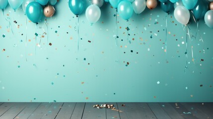 background birthday border with balloons and party hats, light teal