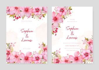 Pink cosmos beautiful wedding invitation card template set with flowers and floral