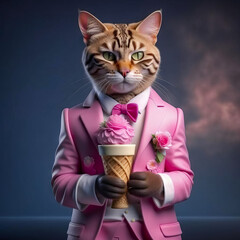 A chic cat in a classic suit holds delicious ice cream in his paw