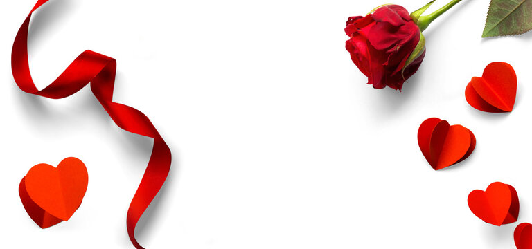 Valentine's Day design elements isolated on white background. Rose Flower and Pairs of Red Hearts, Red silk ribbon with natural transparent shadow on transparent background, clipping path  png