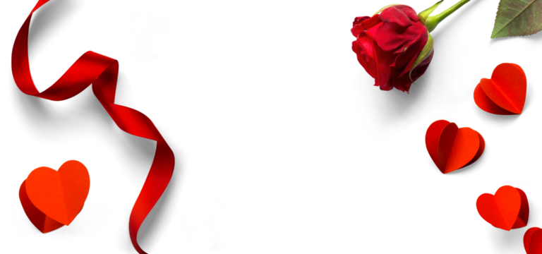 Valentine's Day design elements isolated on white background. Rose Flower and Pairs of Red Hearts, Red silk ribbon with natural transparent shadow on transparent background, clipping path  png