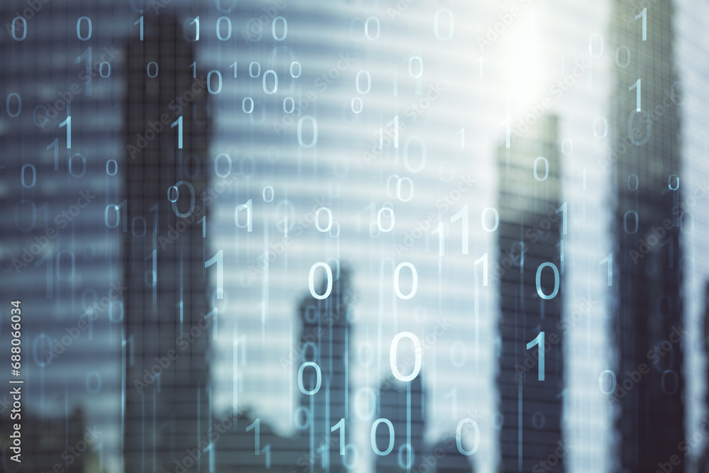 Aufkleber double exposure of abstract virtual binary code hologram on modern skyscrapers background. database 