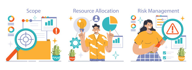 Project Management set. Identifying scope, optimizing resources, mitigating risks. Effective planning, strategy, team collaboration. Flat vector illustration
