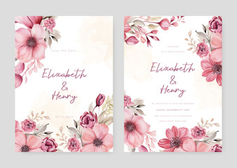 Pink poppy set of wedding invitation template with shapes and flower floral border