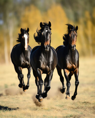 Drei schwarze Pferde im Galopp