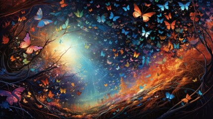 Fantasy forest scene with vibrant butterflies and mystical light. Magical nature backdrop.