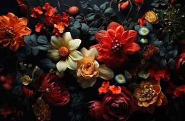 beautiful flowers in various colors on a black background,