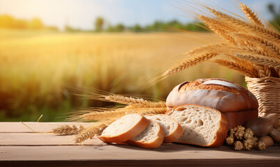 Fresh fragrant wheat bread and ears of wheat on a wooden table with a wheat field in the background. Bakery products. - obrazy, fototapety, plakaty
