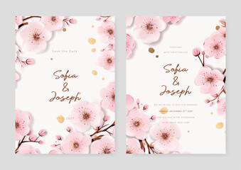 Pink sakura floral wedding invitation card template set with flowers frame decoration