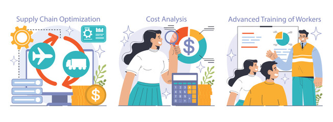 Reducing the cost of production set. Automatization and effective optimization of manufacturing expense. Balance of costs and income. Flat vector illustration