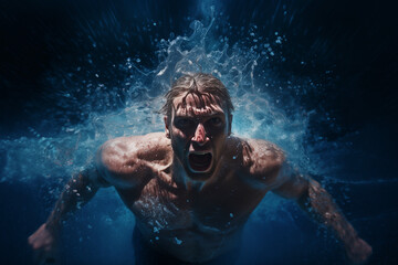 An athletic swimmer emerges from the water.
