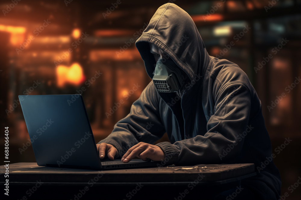 Poster A hacker in a gas mask sits at a laptop, hacking into a computer system.