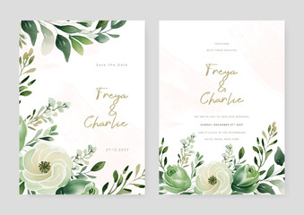 White peony artistic wedding invitation card template set with flower decorations