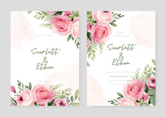 Pink rose vector wedding invitation card set template with flowers and leaves watercolor - obrazy, fototapety, plakaty
