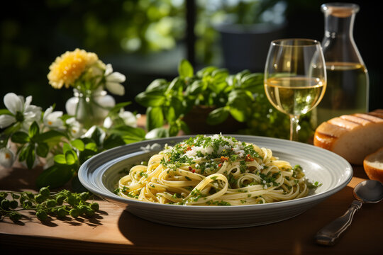 Piatto di pasta, linguine alle erbe e peperoncino con un bicchiere di vino bianco