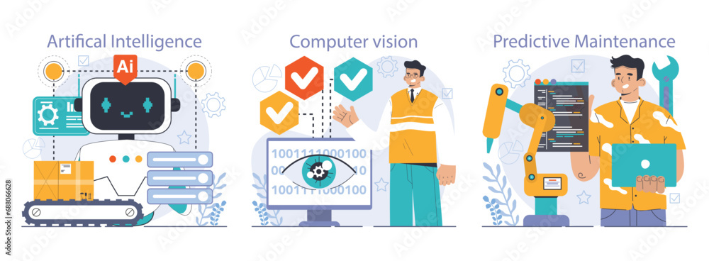 Poster robotic manufacture set. automated systems or ai working for manufacturing process. industrial robot