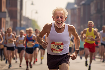 Joyful old man - athlete runs a marathon. - obrazy, fototapety, plakaty