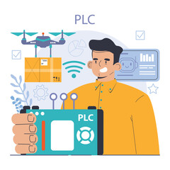 Robotic manufacture. Automated systems or AI working for manufacturing process. Industrial robots development. Business integration with automated technology. Flat vector illustration