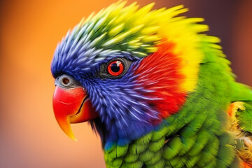 Naklejka premium Side view Closeup of beautiful and colourful Lorikeet Green-naped bird (Trichoglossus Haematodus) Also Known As A Rainbow Lorikeet, looking around