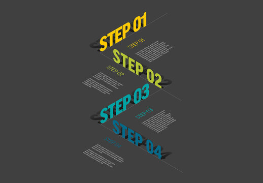 Four color isometry steps elements template on dark gray background