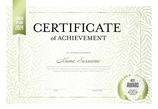 Modern light silver certificate template with green silver floral pattern