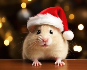 Fototapeta na wymiar Cute Christmas Hamster Wearing a Santa Hat - Closeup Shot of Curious and Cuddly Animal with Beige Fur and Festive Bait