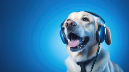 Dog Support Operator with Headset and Microphone. Labrador Retriever and White Dog Ready to Help on the Line