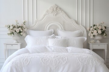 Classic White Bedchamber with Comfortable White Headboard. Decorate Your Apartment with Elegant Furniture Design