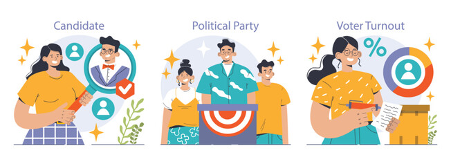 Election set. Democratic procedure, citizens choosing political party or candidate by the electoral process. Character checking a ballot on a referendum. Flat vector illustration - obrazy, fototapety, plakaty