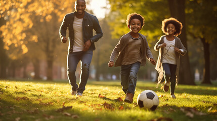 A family playing soccer together in a local park, African American Family, bokeh, with copy space