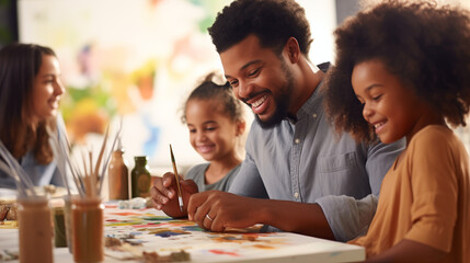 A family enjoying an afternoon of painting and arts and crafts, African American Family, bokeh, with copy space - obrazy, fototapety, plakaty