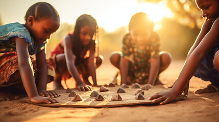 A group of children playing a traditional African game outdoors, African culture, bokeh, with copy space - obrazy, fototapety, plakaty