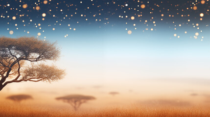 A serene landscape of the African plains, dotted with acacia trees, African culture, bokeh, with copy space