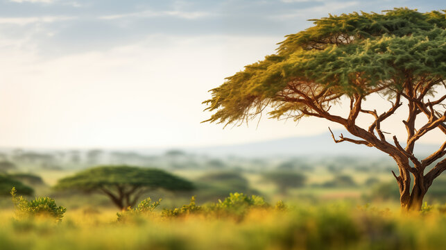 A serene landscape of the African plains, dotted with acacia trees, African culture, bokeh, with copy space