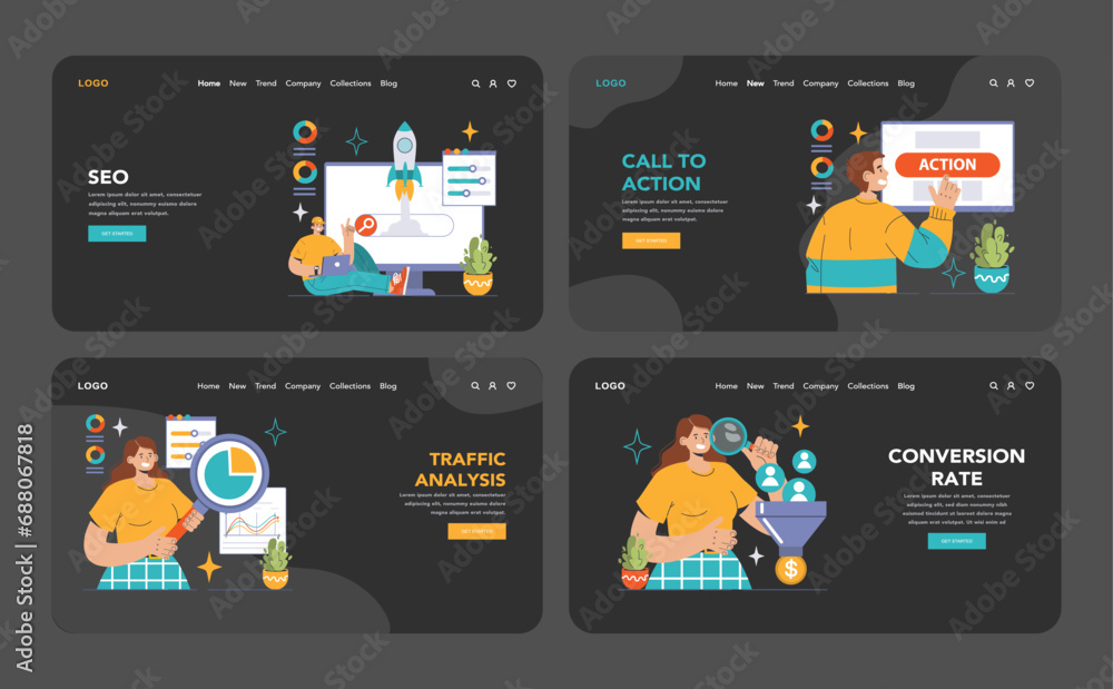 Poster website analysis dark or night mode web or landing set. conversion rate and traffic analysis. expert
