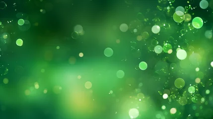 Poster Background wallpaper of abstract green and emerald, malachite bokeh water splashes and bubbles Blurred shiny, glowing festive backdrop for xmas, party, holiday, birthday, invitation. © Irina