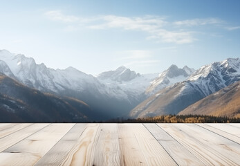 old Wooden  board empty table in front of blurred mountain natural background, brown wood, display products wood table. table Mock up for display of product