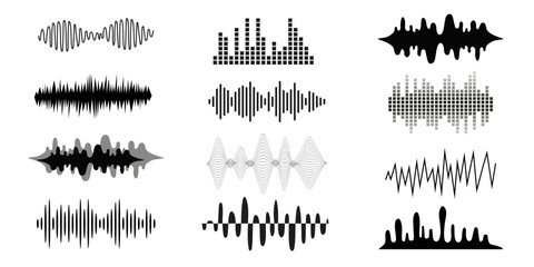 Vector sound waves set. Musical sound waves, equalizer and recording concept. Analog and digital line waveforms. Electronic sound signal, voice recording.  - obrazy, fototapety, plakaty