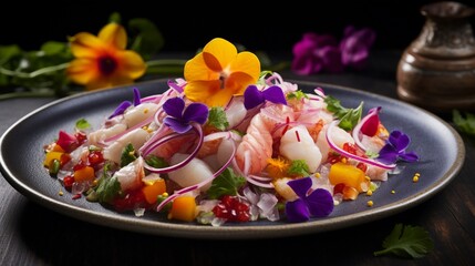A Peruvian ceviche masterpiece, adorned with vibrant ingredients from the sea and the land, reflecting the country's diverse culinary influences