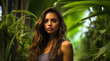 A beautiful, tanned girl with natural make-up stands in the jungle.