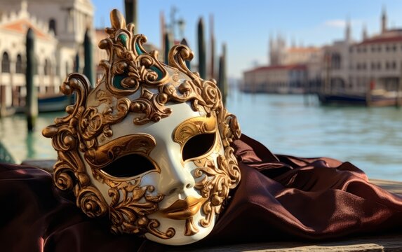 Venetian Mask with Intricate Gold Detailing by the Canal,close up