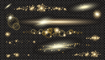 Vector circle light effect with sparkles and  horizontal les flares pack. Golden light flares and laser beams on dark background. Abstract sparkling lines and stars - obrazy, fototapety, plakaty