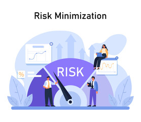 Risk Minimization spotlighted. Professionals navigate financial charts, with rising arrows denoting growth. Compass points to reduced risk. Safety and strategy emphasized. Flat vector illustration.