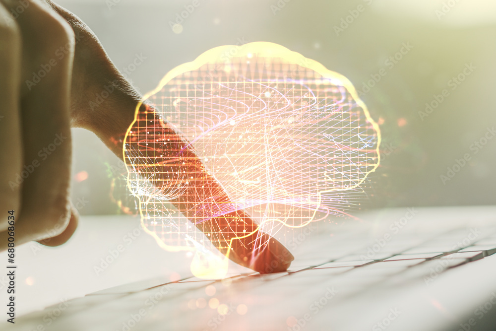 Poster double exposure of creative artificial intelligence symbol with hands typing on laptop on background